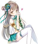 1girl amakaze_sora animal brown_eyes brown_hair camisole closed_mouth commentary_request crown feet_out_of_frame green_skirt hands_up heart holding holding_animal knees_together_feet_apart long_hair love_live! love_live!_school_idol_project minami_kotori mini_crown simple_background sitting skirt solo thighhighs tilted_headwear very_long_hair white_background white_camisole white_thighhighs 