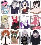  6+girls :/ :d \n/ absurdres adjusting_eyewear alma_(aem01) annotated assault_rifle bandaid bandaid_on_cheek bandaid_on_face bangs_pinned_back bare_shoulders baseball_cap black_choker black_eyes black_hair black_hoodie black_nails black_necktie black_sclera blonde_hair blue_hair blue_shirt blush borrowed_character bow breasts broken_heart brown_coat brown_hair brown_sweater center_frills choker cleavage closed_eyes coat collarbone collared_shirt colored_sclera colored_skin colored_tongue commentary crossed_bangs ear_piercing english_commentary extra_eyes eyewear_on_head fingerless_gloves frilled_shirt frills glasses gloves goggles goggles_on_head green_hair grey_coat grey_hair grey_hairband grey_hat grin gun hair_between_horns hair_bow hair_over_eyes hair_over_one_eye hairband hand_on_headwear hand_on_own_chin hat heart heart_print highres hilda_(khester824) hitomi_(atsumi_7) holding holding_gun holding_weapon hood hoodie horns huge_breasts jacket japanese_clothes kimono l_hand large_breasts laser_sight long_hair looking_at_viewer mary_marshall_(senranx) medium_breasts mole mole_under_eye monster_girl mouse_girl mouse_tail multicolored_hair multiple_girls necktie niwada_(unbeller) off-shoulder_sweater off_shoulder open_clothes open_jacket open_mouth optical_sight original parted_hair piercing pink_hair pointing pointing_at_viewer pointy_ears ponytail print_shirt purple_eyes purple_hair purple_jacket purple_tongue qt_(zenikitsu) red_bow red_eyes red_skin red_tail rifle ringed_eyes roach_(rrrroch1) round_eyewear sevilla_(felixboi_54321) sharp_teeth sheep_girl shirt short_eyebrows short_hair short_sleeves single_sleeve_past_wrist skin-covered_horns smile solid_eyes sweatband sweater t-shirt tail teeth tongue tongue_out twitter_username two-tone_hair v vii_(jratking) weapon white_hair white_shirt white_skin wristband yellow_eyes 