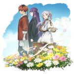  1boy 2girls artist_request axe bandaged_arm bandages battle_axe black_boots black_coat black_pantyhose black_roots blue_sky blunt_bangs boots capelet cloud coat commentary earrings elf english_commentary fern_(sousou_no_frieren) field flower flower_field frieren from_side game_asset gold_trim grand_summoners green_eyes grey_hair hair_over_shoulder hand_up holding holding_suitcase jacket jewelry long_hair long_pointy_ears long_sleeves looking_at_another multiple_girls official_art outdoors pantyhose petals pointy_ears purple_hair red_hair red_jacket short_hair skirt sky smile sousou_no_frieren stark_(sousou_no_frieren) suitcase teardrop_earrings third-party_source transparent_background twintails walking weapon weapon_on_back white_capelet white_skirt 