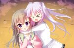  >_< 2girls 9-nine- :d absurdres ahoge belt blue_eyes blush bow bowtie braid breasts brown_hair cardigan closed_eyes commentary_request cowboy_shot dress eyes_visible_through_hair floating_hair grey_belt grey_hair hair_between_eyes hakusen_academy_school_uniform highres hug kiriyamaaoi kujou_miyako large_breasts long_hair long_sleeves looking_to_the_side multiple_girls niimi_sora open_cardigan open_clothes open_mouth outdoors pink_bow pink_bowtie pink_cardigan school_uniform side_ponytail single_braid sky sleeves_past_wrists smile sunset upper_body v-shaped_eyebrows white_dress xd yellow_sky 