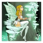  1girl absurdres bare_back belt_pouch blonde_hair blue_eyes breasts butterfly_wings commentary dattosan english_commentary fairy forest from_side full_body highres holding holding_knife insect_wings knife leotard long_hair long_pointy_ears mushroom nature original outdoors pointy_ears pouch profile shoes sitting solo thighhighs thighs tree white_leotard white_shoes white_thighhighs white_wrist_cuffs wings wrist_cuffs 