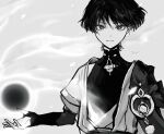  1boy 6i40169 armor artist_name bad_id bad_link bad_twitter_id bad_twitter_link bishounen black_hole blunt_ends bodysuit bridal_gauntlets closed_mouth eyelashes gem genshin_impact grey_background greyscale highres japanese_armor japanese_clothes juban kimono kote layered_sleeves light_smile looking_at_viewer male_focus mandarin_collar monochrome open_clothes open_hand open_kimono pom_pom_(clothes) portrait scaramouche_(genshin_impact) short_sleeves shoulder_peek side_cape solo straight-on tsurime vision_(genshin_impact) vortex wanderer_(genshin_impact) wind wispy_bangs 