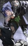  1boy animal_ear_headwear arm_belt arm_up baggy_pants bandaid bandaid_hair_ornament bandaid_on_finger bandaid_on_hand beanie belt bishounen black_belt black_choker black_mask black_nails black_shirt black_sleeves blunt_ends chain chain_around_arm chain_necklace choker commentary cross cross_necklace denim digital_walkman e-kid_fashion earphones earrings eyeliner eyeshadow from_below full_body genshin_impact grey_background grey_pants hair_intakes hair_ornament hand_up hat highres holding holding_mp3_player jeans jewelry layered_sleeves long_sleeves looking_at_viewer makeup male_focus mask mask_pull mouth_mask mp3_player necklace open_mouth pants pom_pom_(clothes) purple_eyes purple_hair purple_hat red_eyeliner red_eyeshadow ring rtms scaramouche_(genshin_impact) shirt shoes short_over_long_sleeves short_sleeves sneakers solo spiked_choker spikes squatting striped_hat striped_sleeves teeth tongue tongue_out torn_clothes torn_jeans torn_pants twitter_username upper_teeth_only variant_set virtual_pet_(toy) walkman_e_series white_belt white_shoes wispy_bangs x_hair_ornament 