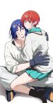  1boy 1girl absurdres amate_yuzuriha aqua_eyes aqua_shirt aqua_skirt black_boots black_gloves blue_hair boots cheek_squash colored_inner_hair commentary crescent crescent_earrings earrings girl_on_top gloves gundam gundam_gquuuuuux hair_behind_ear hand_on_another's_cheek hand_on_another's_face hand_on_another's_shoulder hand_on_another's_waist highres indian_style jewelry looking_at_viewer multicolored_hair on_floor otakulifewow pants red_eyes red_hair school_uniform shirt short_hair shuji_ito simple_background sitting sitting_on_lap sitting_on_person skirt sleeves_rolled_up straddling sweater two-tone_hair wavy_hair white_background white_pants white_shirt white_sweater work_gloves 