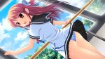 1girl ayamisiro black_sailor_collar black_socks blue_bow blue_panties blue_ribbon bow bowtie brown_eyes brown_hair day dress dutch_angle floating_hair frilled_skirt frills from_behind from_below game_asset hair_bow half_updo hands_up long_hair looking_back miniskirt natsu_koi_high_pressure non-web_source official_art open_mouth panties pantyshot plaid_bow railing red_bow red_bowtie ribbon sailor_collar school_uniform scrunchie shinonome_misaki shirt short_sleeves skirt skirt_flip sky smile socks tree underwear white_shirt window wrist_scrunchie 
