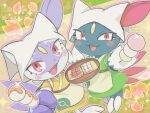  2girls 2others blush_stickers commentary_request dango eyelashes food furry headscarf highres hisuian_sneasel hisuian_sneasel_(tranquil_tea_house) holding holding_food holding_tray multiple_girls multiple_others open_mouth pokemon pokemon_(creature) pokemon_cafe_remix red_eyes runachikku sneasel sneasel_(tranquil_tea_house) tray wagashi white_headscarf 