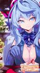  1girl absurdres ako_(blue_archive) ako_(dress)_(blue_archive) artist_name blue_archive blue_eyes blue_gloves blue_hair blue_halo blue_suit breasts cake cleavage_cutout closed_mouth clothing_cutout commentary_request dated ear_ornament elbow_gloves food fork fruit gloves halo highres holding holding_fork ice_cream large_breasts long_hair looking_at_viewer poco_grande_glass solo straight-on strawberry suit upper_body user_dncv8253 