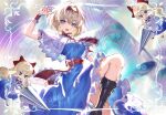  1girl alice_margatroid artist_name blonde_hair blue_dress blue_eyes boots breasts brown_boots capelet commentary_request dated dress fold-over_boots frilled_dress frilled_hairband frills hairband highres holding holding_polearm holding_weapon jewelry knee_boots l0e9s29p lace-up_boots lance looking_at_viewer open_mouth polearm puppet_rings puppet_strings red_hairband red_sash ring sash shanghai_doll small_breasts smile solo touhou waist_sash weapon white_capelet 