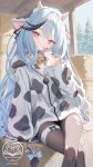  1girl absurdres animal_ears animal_hair_ornament animal_print baby_bottle bell belt black_bow black_hair black_ribbon blue_bow blue_hair blush bottle bow closed_mouth collarbone commentary commission cow_ears cow_horns cow_print cow_print_gloves cow_print_jacket cow_tail cowbell diagonal_bangs gloves hair_ornament hair_ribbon hay hay_bale highres holding holding_bottle horns indie_virtual_youtuber jacket light_blush long_hair looking_at_viewer milk milk_bottle multicolored_hair pantyhose pink_eyes pointy_ears print_gloves print_jacket ribbon si_shu skeb_commission smile solo streaked_hair tail thigh_belt thigh_strap tree virtual_youtuber zenya_hima 
