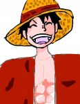  1boy artist_request closed_eyes facing_viewer hat lowres male_focus monkey_d._luffy non-web_source one_piece open_clothes open_mouth open_shirt red_shirt shirt simple_background smile solo source_request straw_hat teeth upper_body upper_teeth_only white_background yellow_hat 