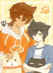 2boys absurdres alternate_eye_color alternate_hairstyle animal animal_ears antenna_hair black_eyes black_hair blue_jacket bright_pupils brown_eyes brown_hair cat cat_boy cat_ears commentary dog dog_boy dog_ears double-parted_bangs hair_between_eyes hector_(omori) highres holding holding_animal holding_cat holding_dog hood hood_down hoodie jacket kel_(birthday)_(omori) kel_(faraway)_(omori) kel_(omori) kemonomimi_mode long_sleeves low_ponytail male_focus mewo multiple_boys omori one_eye_closed open_clothes open_jacket orange_hoodie ponytail qiubojin0912613 short-sleeved_jacket short_hair short_ponytail short_sleeves sunny_(birthday)_(omori) sunny_(omori) white_pupils 