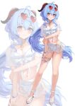  1girl absurdres ahoge alternate_costume bell bikini blue_hair blush bow breasts cleavage closed_mouth collarbone commentary_request cowbell eyewear_on_head full_body ganyu_(genshin_impact) genshin_impact goat_horns hair_between_eyes heart heart-shaped_eyewear highres horns long_hair looking_at_viewer medium_breasts moni_(moni7475) navel neck_bell purple_eyes sandals see-through_clothes see-through_skirt skirt standing stomach swimsuit thigh_strap toes very_long_hair white_background white_bikini white_bow zoom_layer 