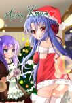  2girls alternate_costume ass bare_shoulders blue_eyes blue_hair blush bow breasts camera christmas christmas_tree closed_mouth commentary_request cowboy_shot detached_sleeves dress eyes_visible_through_hair floating_hair from_behind frown fur-trimmed_dress fur_trim furrowed_brow hair_between_eyes hair_bow hat heart highres holding holding_camera indoors kurage_(kurage19) large_breasts long_hair long_sleeves looking_at_another merry_christmas multiple_girls no_panties off-shoulder_dress off_shoulder open_mouth pom_pom_(clothes) purple_hair red_bow red_dress red_eyes red_hat santa_costume santa_dress santa_hat short_dress siblings sisters smile sorakado_ai sorakado_ao sparkle summer_pockets thighhighs twins very_long_hair white_thighhighs 