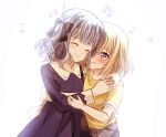  2girls aged_down bang_dream! bang_dream!_it's_mygo!!!!! black_bow blonde_hair blue_dress blue_hair bow child closed_mouth commentary_request dress hair_bow highres hug long_sleeves medium_hair misumi_uika multiple_girls purple_eyes seine_(hanamukes) shirt short_sleeves simple_background togawa_sakiko two_side_up white_background yellow_shirt yuri 