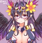  angel_wings bespectacled black_hair black_wings breasts cleavage_cutout crown earrings flower glasses hair_flower hair_ornament hand_on_own_face jewelry large_breasts long_hair marshmallow_mille persephone_(p&amp;d) pointy_ears purple_eyes puzzle_&amp;_dragons solo twitter_username wings 