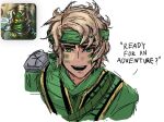  1boy armor blonde_hair commentary cropped_torso dougi english_commentary english_text green_dougi green_hairband hairband highres lloyd_garmadon looking_at_viewer male_focus mask messy_hair mouth_mask ninja ninja_mask ninjago njg_kr open_mouth pauldrons scene_reference shoulder_armor single_pauldron solo straight-on talking white_background 