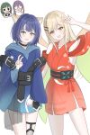  4girls adachi_sakura adachi_to_shimamura animal_ears bare_shoulders black_choker blonde_hair blue_hair blue_hoodie blue_kimono brown_eyes cho_kaguya-hime! choker commentary cosplay egasumi english_commentary fake_animal_ears fox_ears gen_(pixiv_108246945) green_eyes highres hino_akira_(adashima) hood hood_down hoodie japanese_clothes kaguya_(cho_kaguya-hime!) kaguya_(cho_kaguya-hime!)_(cosplay) kaguya_(tsukuyomi)_(cho_kaguya-hime!) kimono long_hair multiple_girls nagafuji_taeko open_mouth red_eyes sakayori_iroha sakayori_iroha_(cosplay) sakayori_iroha_(tsukuyomi) shimamura_hougetsu short_hair simple_background v white_background 