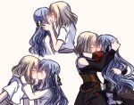  2girls bang_dream! bang_dream!_it's_mygo!!!!! black_dress black_skirt blonde_hair blue_hair blush brown_corset closed_eyes clothing_cutout commentary_request corset couple doloris_(bang_dream!) dress hand_on_another's_head highres hug kiss long_hair long_sleeves medium_hair misumi_uika multiple_girls multiple_views oblivionis_(bang_dream!) puffy_short_sleeves puffy_sleeves red_shirt seine_(hanamukes) shirt short_sleeves shoulder_cutout skirt togawa_sakiko white_shirt yuri 