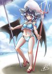  alternate_weapon beach beach_umbrella bikini blue_hair day frilled_bikini frills hat high_heels highres mob_cap o-ring o-ring_bikini o-ring_bottom polearm red_eyes remilia_scarlet ryuuno_stadtfeld short_hair smile solo swimsuit touhou trident umbrella weapon 