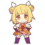  1girl armor black_boots blonde_hair boots chibi chibi_only chinese_commentary closed_mouth commentary_request double_bun full_body hair_bun hair_ribbon haniwa_(statue) joutouguu_mayumi looking_at_viewer lowres puffy_short_sleeves puffy_sleeves renren_(ah_renren) ribbon shirt short_hair short_sleeves simple_background smile solo standing touhou vambraces white_background white_ribbon white_shirt yellow_eyes 