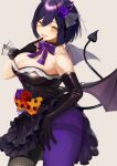  1girl asymmetrical_legwear bare_shoulders black_flower black_gloves black_rose black_skirt bow bowtie breasts choker cleavage clothes_lift commentary demon_girl demon_horns demon_tail demon_wings dress elbow_gloves fang finger_to_mouth fishnet_pantyhose fishnets flower frilled_choker frilled_skirt frills gloves grey_background hair_between_eyes hair_flower hair_ornament highres horns large_breasts looking_at_viewer mole mole_on_arm mole_under_eye nijisanji open_mouth pantyhose purple_bow purple_bowtie purple_flower purple_hair purple_pantyhose purple_rose red_flower red_rose rose shizuka_rin shizuka_rin_(demon) short_hair simple_background skirt skirt_lift smile solo strapless strapless_dress tail thighband_pantyhose u-co virtual_youtuber waist_bow wings yellow_eyes 