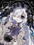  1girl bare_shoulders black_ribbon blue_hairband bow bowtie brown_shirt commentary_request cup food frilled_hairband frilled_shirt frills hair_over_one_eye hair_ribbon hairband highres holding holding_cup lolita_hairband long_hair macaron mahou_shoujo_no_majo_saiban natsume_an-an noa_rei off-shoulder_shirt off_shoulder one_eye_covered purple_bow purple_bowtie purple_eyes ribbon shirt solo teacup upper_body white_hair 