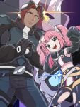  1boy 1girl black_gloves closed_mouth commentary_request coral_(pokemon) dark-skinned_male dark_skin eyelashes garganacl glalie gloves grey_eyes highres holding holding_poke_ball looking_at_viewer midriff open_mouth pink_hair poke_ball pokemon pokemon_(anime) pokemon_horizons runachikku sidian_(pokemon) sleeves_past_fingers sleeves_past_wrists sparkle twintails 