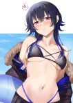  1girl anger_vein bare_shoulders bikini bikini_under_clothes black_bikini black_hair black_jacket blue_sky blue_streaks blush breasts breasts_apart collarbone commentary crossed_bangs fur-trimmed_jacket fur_trim hair_between_eyes hair_over_breasts hair_over_shoulder highleg highleg_bikini highres holding holding_swim_ring ichinose_uruha jacket jacket_partially_removed large_breasts long_hair looking_at_viewer multi-strapped_bikini_bottom multi-strapped_bikini_top multicolored_hair navel off_shoulder open_clothes open_jacket pout purple_eyes shinonome_izumi sky solo stomach streaked_hair string_bikini swim_ring swimsuit triangle_bikini_top virtual_youtuber vspo! 
