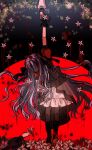  3girls absurdres bang_dream! bang_dream!_it's_mygo!!!!! black_boots black_corset black_gloves black_pantyhose black_ribbon black_skirt blood blue_hair boots commentary_request corset doloris_(bang_dream!) flower gloves hair_ribbon highres holding_hands layered_skirt long_hair long_sleeves misumi_uika multiple_girls oblivionis_(bang_dream!) pantyhose puffy_short_sleeves puffy_sleeves red_shirt ribbon seine_(hanamukes) shirt short_sleeves skirt takamatsu_tomori togawa_sakiko very_long_hair white_skirt 
