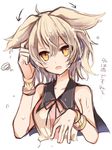  bare_shoulders bow bracelet colorized directional_arrow dress earmuffs jewelry light_brown_hair looking_up open_mouth orange_eyes short_hair simple_background sketch sleeveless solo text_focus tori_(10ri) touhou toyosatomimi_no_miko translation_request upper_body wet wet_hair white_background 