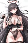  1girl bare_shoulders black_hair black_one-piece_swimsuit blue_archive blush bnari bracelet breasts brown_thighhighs cellphone choker cleavage commentary_request covered_navel hair_ornament hairclip halo highleg highleg_one-piece_swimsuit highres jewelry large_breasts long_hair looking_at_viewer one-piece_swimsuit parted_lips phone red_eyes rio_(blue_archive) solo swimsuit thighhighs very_long_hair wet 