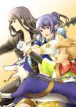  2boys black_eyes black_hair blue_hair brown_eyes brown_hair dog gloves judith karol_capel kiseru lance long_hair mikou_(monpamanpe) multiple_boys pipe pointy_ears polearm purple_eyes repede scarf smile tales_of_(series) tales_of_vesperia weapon yuri_lowell 