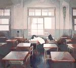  bad_id bad_pixiv_id banned_artist black_hair cat classroom desk kumaori_jun original school_desk school_uniform serafuku short_hair sitting sleeping solo 