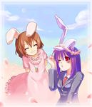  animal_ears arms_behind_back blazer brown_hair bunny_ears carrot carrot_necklace closed_eyes dress flower flower_necklace inaba_tewi jacket jewelry long_hair makarori multiple_girls necklace necktie one_eye_closed pendant petals pink_dress purple_hair red_eyes reisen_udongein_inaba short_hair smile touhou 