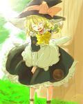  arm_support blonde_hair bow bowtie closed_eyes closed_fan fan folding_fan hand_on_own_knee happy hat ica kirisame_marisa lens_flare open_mouth sketch smile solo touhou witch_hat 