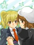  blonde_hair blush brown_eyes brown_hair holding_hands multiple_girls necktie nori_senbei ponytail shannon smile umineko_no_naku_koro_ni ushiromiya_jessica 