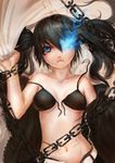  bikini_top black_hair black_rock_shooter black_rock_shooter_(character) blue_eyes burning_eye chain front-tie_top haoyuan long_hair lying midriff scar solo tears twintails untied 