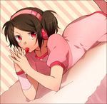  bad_id bad_pixiv_id bed brown_hair dress face food fruit hands headphones lying mouth_hold murakami_yuichi on_stomach red_eyes short_hair solo strawberry takane_miru twintails utau 