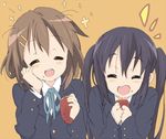  bad_id bad_pixiv_id black_hair brown_hair closed_eyes core_(mayomayo) food hirasawa_yui k-on! long_hair multiple_girls nakano_azusa school_uniform short_hair sweet_potato twintails yakiimo 