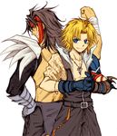  back-to-back bandana beshiexe black_hair blonde_hair dissidia_final_fantasy father_and_son final_fantasy final_fantasy_x gauntlets jecht male_focus multiple_boys shirtless tidus white_background 