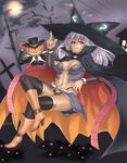  breasts cape cross crossed_legs halloween hat highres houtengeki index_finger_raised jack-o'-lantern large_breasts long_hair looking_at_viewer moon navel original pumpkin purple_hair red_eyes sitting solo thighhighs witch witch_hat 