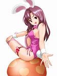  animal_ears bow bowtie breasts bunny_ears bunny_tail bunnysuit covered_nipples highres medium_breasts original ponnetsu purple_eyes purple_hair sitting solo tail thighhighs wrist_cuffs 