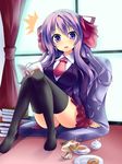  1girl book bow cat cup hair_ribbon long_hair nana_(artist) necktie original purple_eyes purple_hair ribbon sitting solo surprised teapot thighhighs zettai_ryouiki 