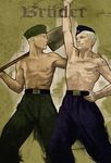  axis_powers_hetalia belt blonde_hair blue_eyes brothers garrison_cap germany_(hetalia) grin hat joanna_krotka male_focus multiple_boys parody poster propaganda prussia_(hetalia) red_eyes shirtless shovel siblings smile white_hair 