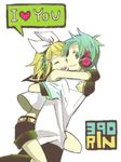  1girl aqua_hair artist_request blonde_hair bow genderswap genderswap_(ftm) happy hatsune_mikuo headphones heart hug kagamine_rin oekaki open_mouth shorts smile spoken_heart tegaki vocaloid 