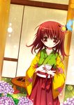 bug butterfly catbell cup dutch_angle flower hair_ornament hieda_no_akyuu hydrangea insect japanese_clothes kimono pen rain red_eyes red_hair solo teacup touhou 