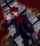  alternate_costume black_battler finger_gun formal hand_in_pocket jacket kaoru male_focus necktie pinstripe_pattern pinstripe_suit red_hair smile solo striped suit umineko_no_naku_koro_ni ushiromiya_battler 