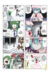  4koma bat_wings black_hair black_wings blue_hair brooch comic crystal_ball detached_sleeves dress english frilled_sleeves frills frog frog_hair_ornament green_eyes green_hair hair_ornament hard_translated hat hat_ribbon highres izayoi_sakuya japanese_clothes jewelry kochiya_sanae long_hair miko mob_cap mountain_of_faith multiple_4koma multiple_girls pageratta pink_dress puffy_short_sleeves puffy_sleeves red_eyes remilia_scarlet ribbon shameimaru_aya short_hair short_sleeves skirt smile snake the_embodiment_of_scarlet_devil tokin_hat touhou translated wings 