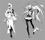  grey_background greyscale hands hatsune_miku koi_wa_sensou_(vocaloid) legs long_hair megaphone megurine_luka military military_uniform miwa_shirou monochrome multiple_girls pantyhose twintails uniform very_long_hair vocaloid 