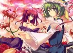  bad_id bad_pixiv_id bare_shoulders blue_eyes breasts cleavage flower green_hair hair_bobbles hair_ornament hat japanese_clothes large_breasts matsumiya_kiseri multiple_girls onozuka_komachi red_eyes red_hair shiki_eiki short_hair spider_lily touhou two_side_up 